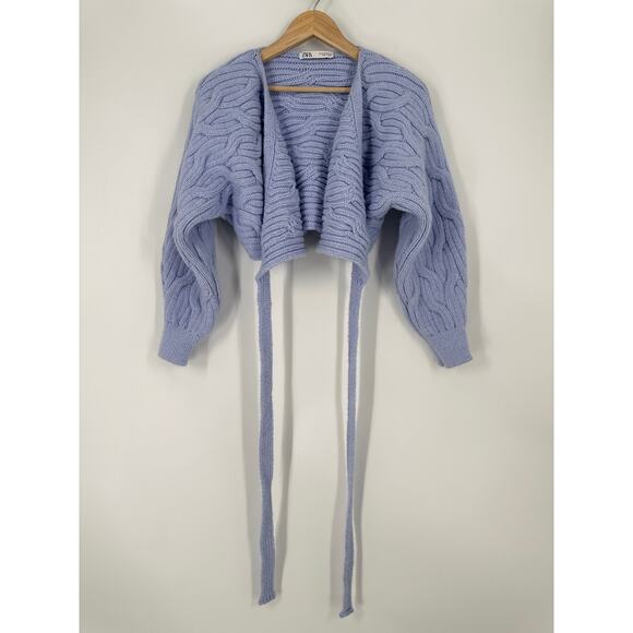 ZARA Wrap Cardigan Chunky Cable Knit Cropped Sweater Periwinkle, Bloggers Fav - Picture 5 of 13